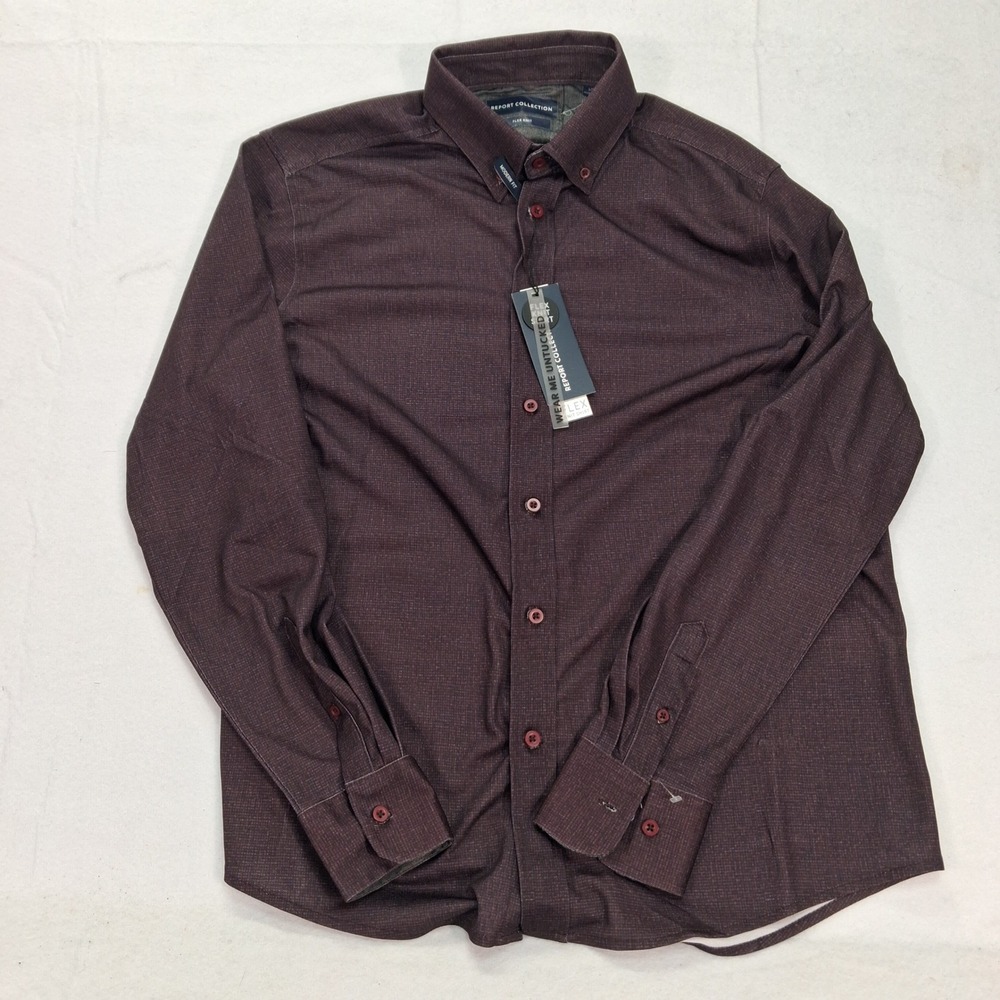 Report Collection Shirt Mens L Modern Fit Flex Knit Burgundy Untucked NEW
